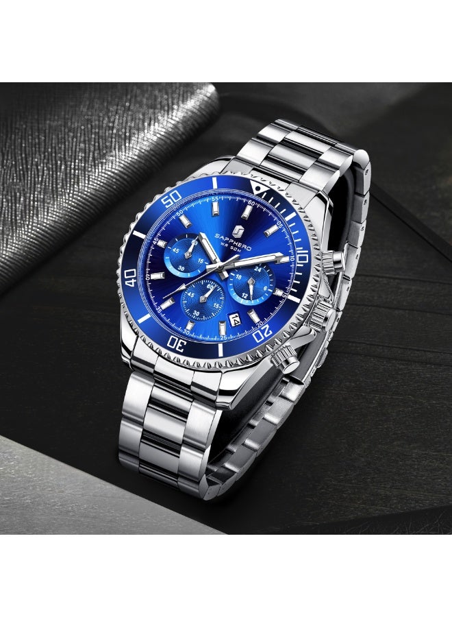 سافيرو ساعة سابفيرو كرونوغراف رجالية من الفولاذ المقاوم للصدأ، مقاومة للماء حتى عمق 50 مترًا، ساعة كوارتز تناظرية مع عرض التاريخ، ساعة كلاسيكية فاخرة وأنيقة، هدية مثالية للرجال. - Image 4